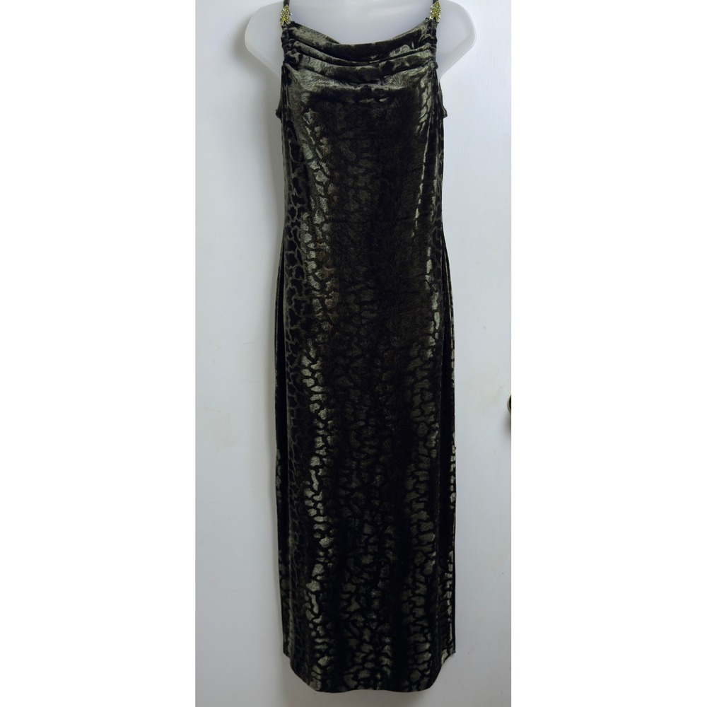 Y2K Velvet Maxi Dress M Green Side Slit Cowl Neck Stretch HOCO Forest Fairy Glam